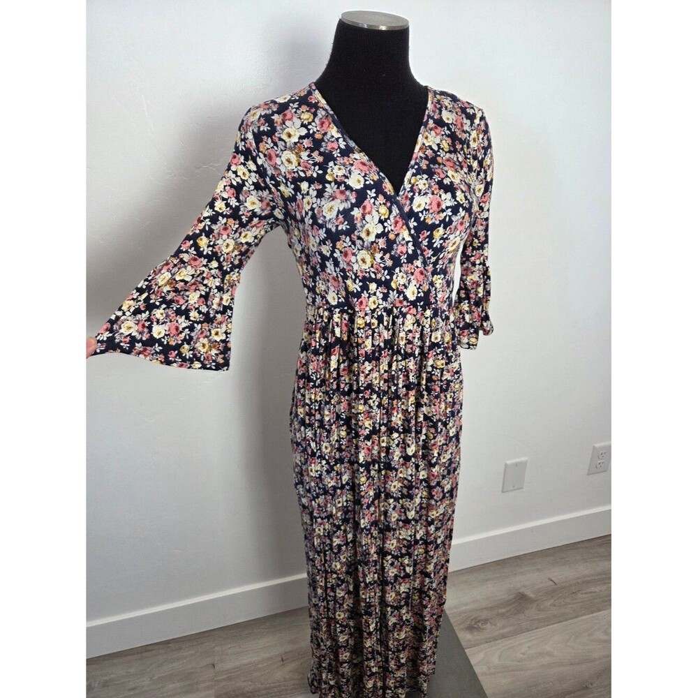 Downeast Floral Maxi Dress V Neck Wrap ¾ Bell Sleeve Cottagecore Festival Small